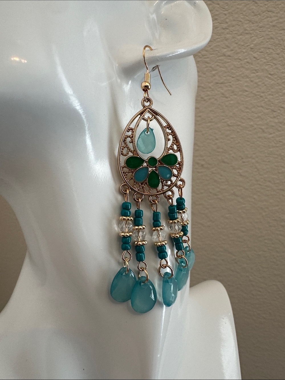 Gold Filigree Teardrop Earrings with Teal and Green Accents